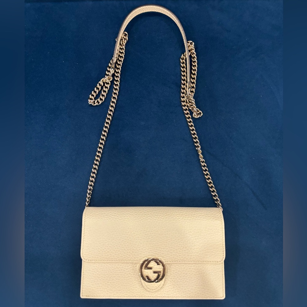 GUCCI CREAM LEATHER WALLET ON CHAIN CROSSBODY BAG